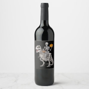 Skeleton Riding Mummy Dinosaur T rex Halloween  Wine Label