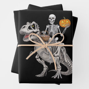 Skeleton Riding Mummy Dinosaur T rex Halloween Wrapping Paper Sheets