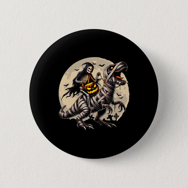 Skeleton Riding Mummy Dinosaur T Rex Pumpkin Funny Button (Front)