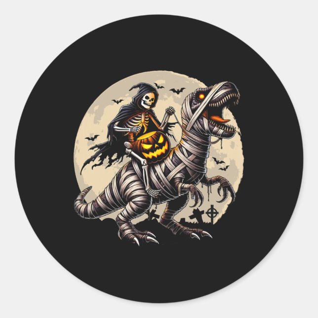 Skeleton Riding Mummy Dinosaur T Rex Pumpkin Funny Classic Round Sticker (Front)