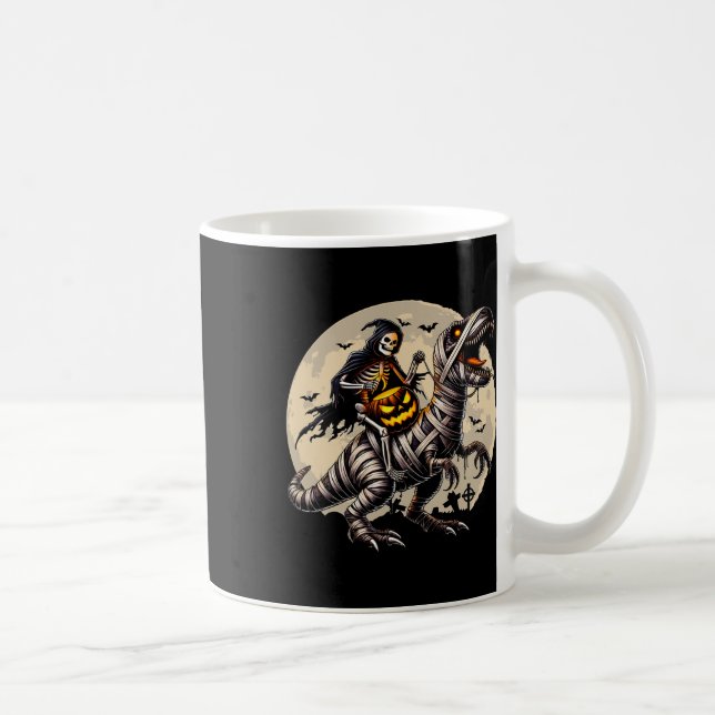 Skeleton Riding Mummy Dinosaur T Rex Pumpkin Funny Coffee Mug (Right)