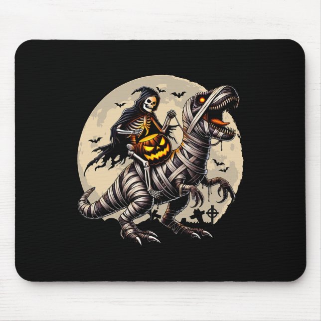 Skeleton Riding Mummy Dinosaur T Rex Pumpkin Funny Mouse Pad (Front)