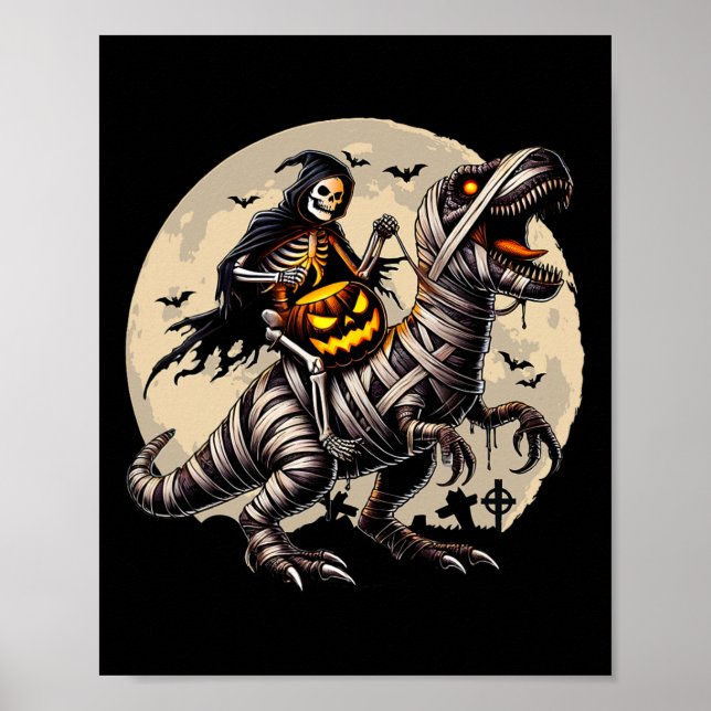 Skeleton Riding Mummy Dinosaur T Rex Pumpkin Funny Poster (Front)
