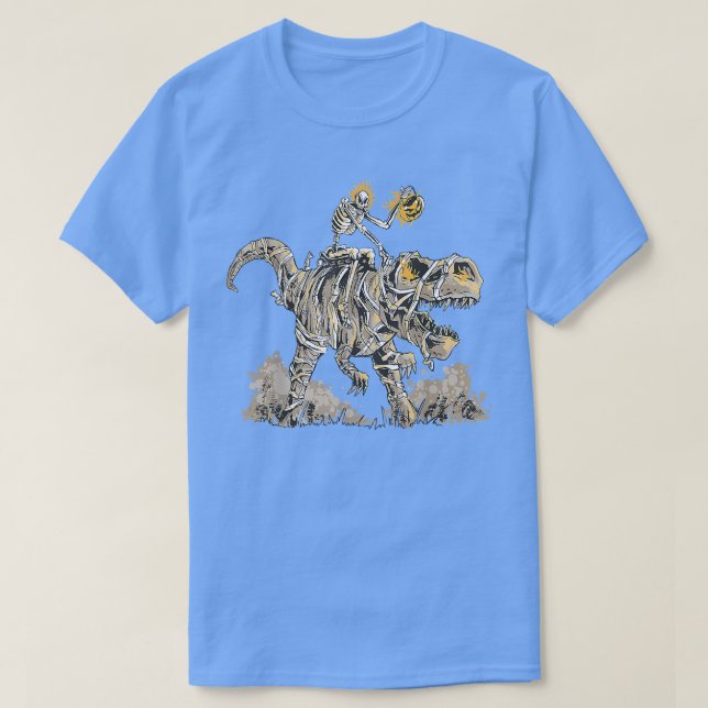 Skeleton Riding Mummy Dinosaur T Rex Pumpkin Funny T-Shirt (Design Front)
