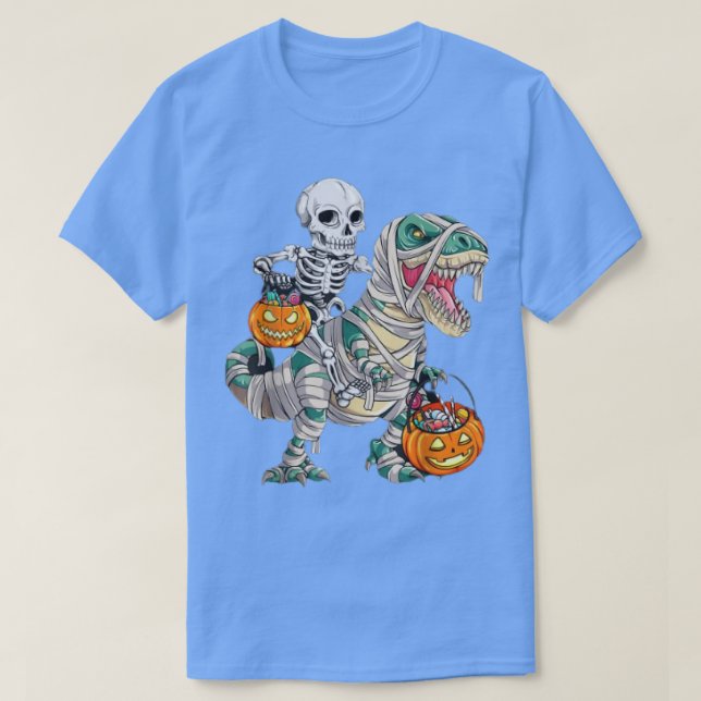 Skeleton Riding Mummy Dinosaur T rex Pumpkin Funny T-Shirt (Design Front)
