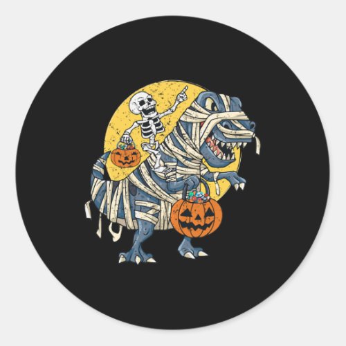 Skeleton Riding Mummy Dinosaur T Rex Pumpkin Moon  Classic Round Sticker