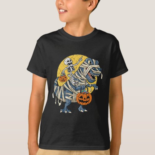 Skeleton Riding Mummy Dinosaur T Rex Pumpkin Moon  T_Shirt