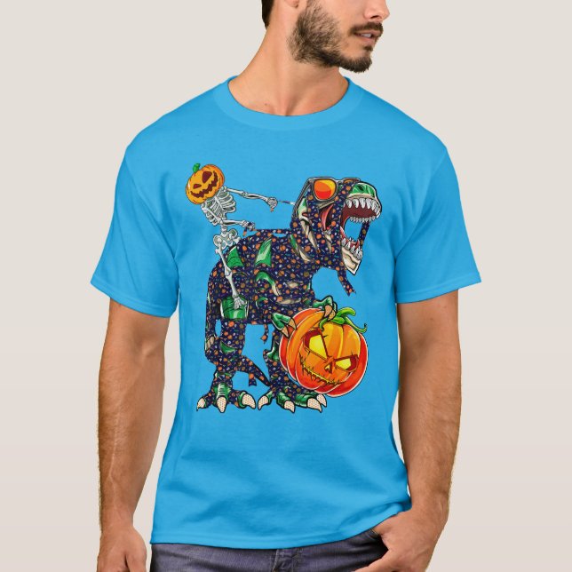 Skeleton Riding Mummy Dinosaur T Rex T-Shirt (Front)