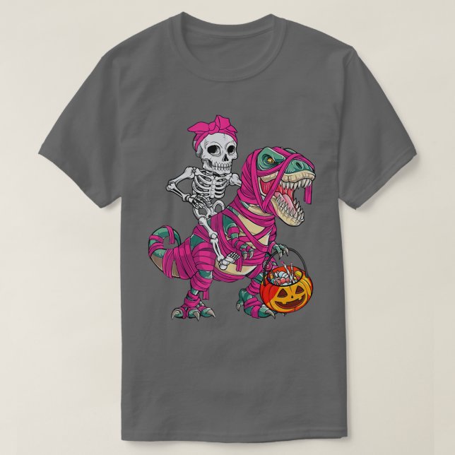 Skeleton Riding Mummy Dinosaur Tre Halloween Pumpk T-Shirt (Design Front)