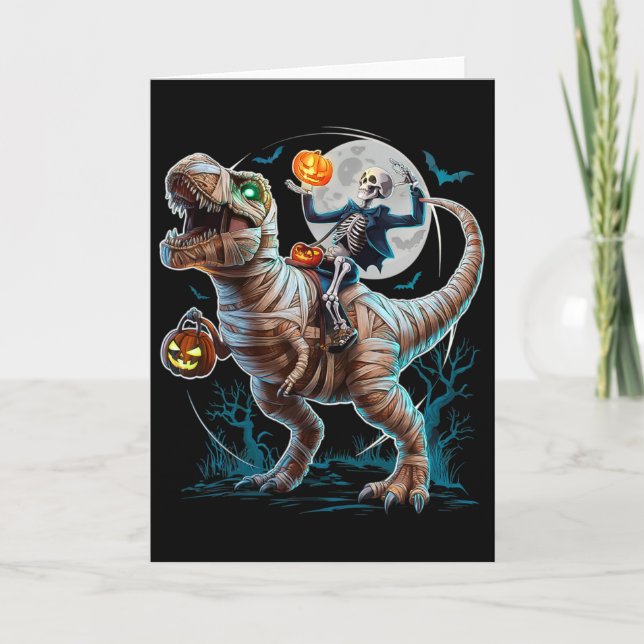 Skeleton Riding Mummy Pumpkin T Rex Dinosaur Funny Card (Front)
