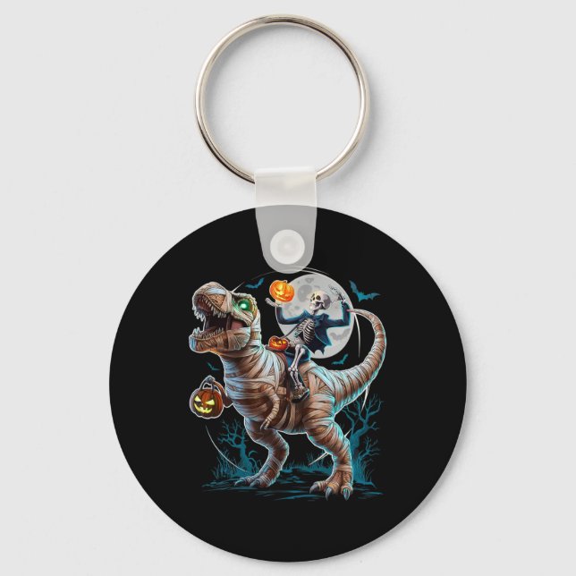 Skeleton Riding Mummy Pumpkin T Rex Dinosaur Funny Keychain (Front)