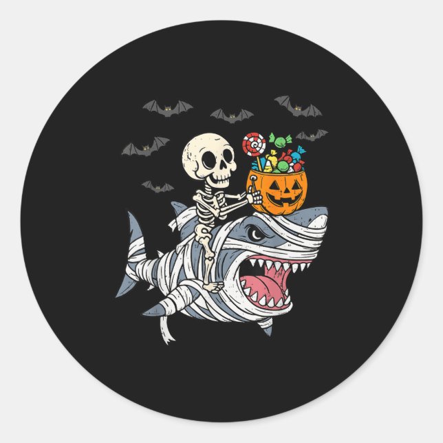 Skeleton Riding Mummy Shark Halloween Boys Toddler Classic Round Sticker (Front)