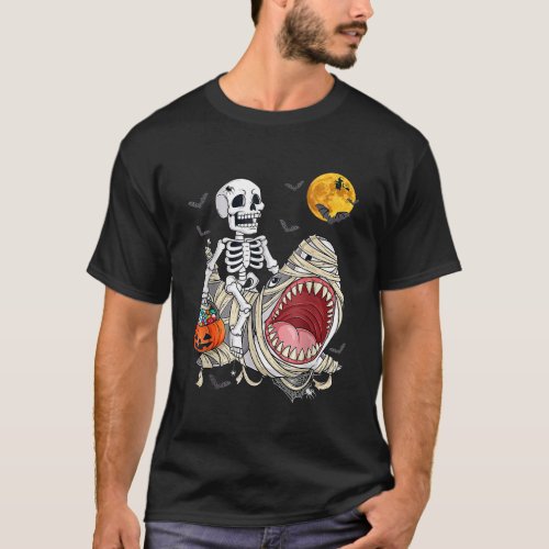 Skeleton Riding Mummy Shark Pumpkin Funny Hallowee T_Shirt