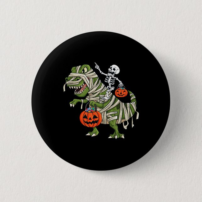 Skeleton Riding Mummy T Rex Halloween Boys Girls K Button (Front)