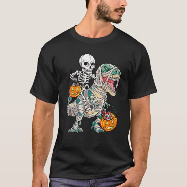 Skeleton Riding Rex Mummy Dinosaur Kids Trick or T T-Shirt (Front)