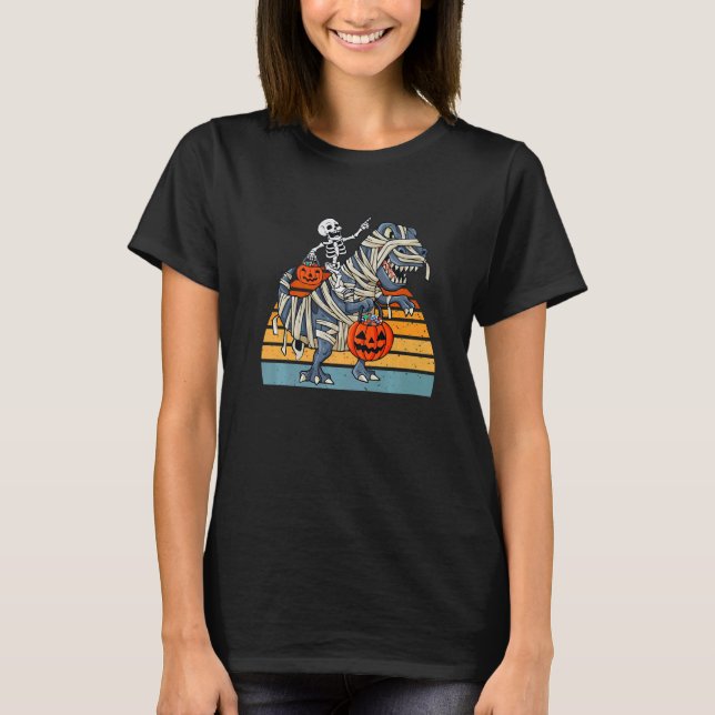 Skeleton Riding Rex Trick or Treat Kids Love Dinos T-Shirt (Front)