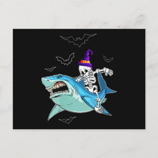 Skeleton Riding Shark Funny - Crazy Halloween Gift Announcement Postcard