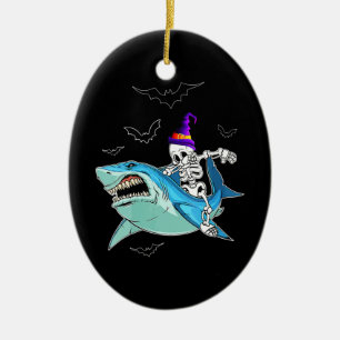 Skeleton Riding Shark Funny - Crazy Halloween Gift Ceramic Ornament