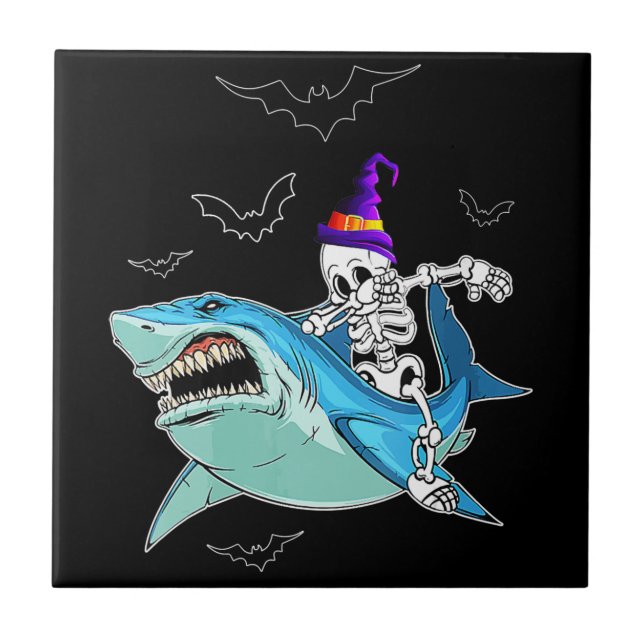 Skeleton Riding Shark Funny - Crazy Halloween Gift Ceramic Tile (Front)