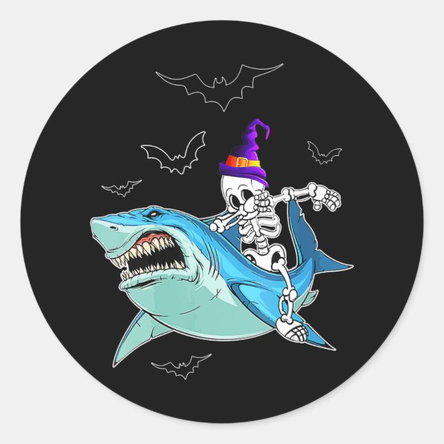 Skeleton Riding Shark Funny - Crazy Halloween Gift Classic Round Sticker (Front)