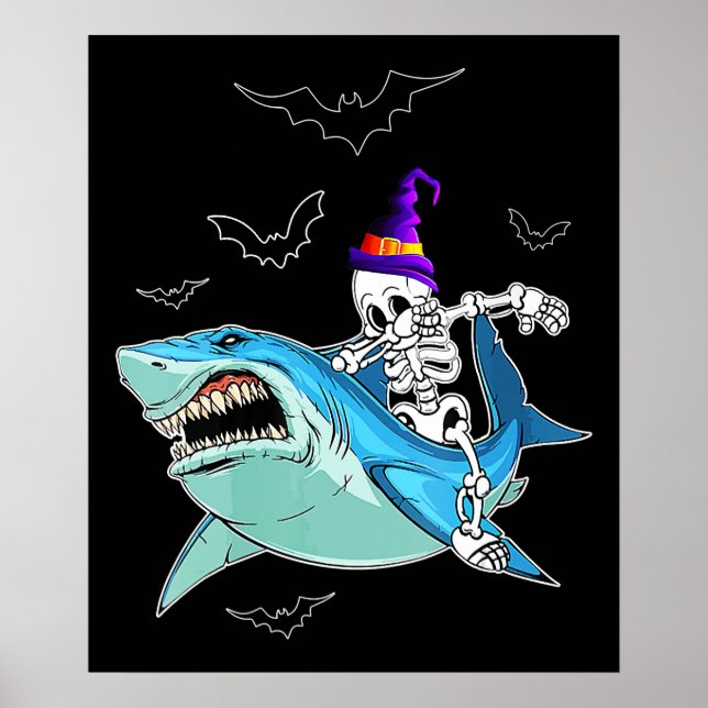 Skeleton Riding Shark Funny - Crazy Halloween Gift Poster (Front)