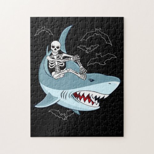 Skeleton Riding Shark Funny Halloween Boys Girls Jigsaw Puzzle