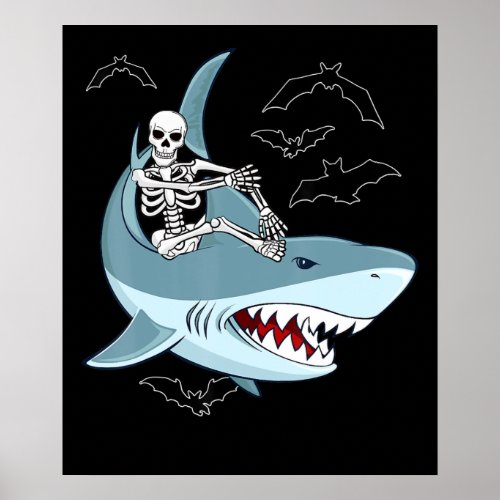 Skeleton Riding Shark Funny Halloween Boys Girls Poster