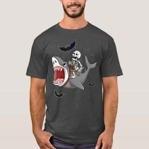 Skeleton Riding Shark Funny Halloween Boys Girls T_Shirt