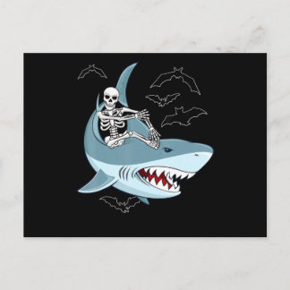 Skeleton Riding Shark Funny Halloween Gifts Announcement Postcard