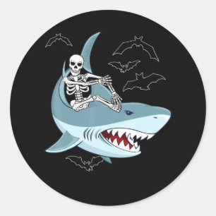 Skeleton Riding Shark Funny Halloween Gifts Classic Round Sticker
