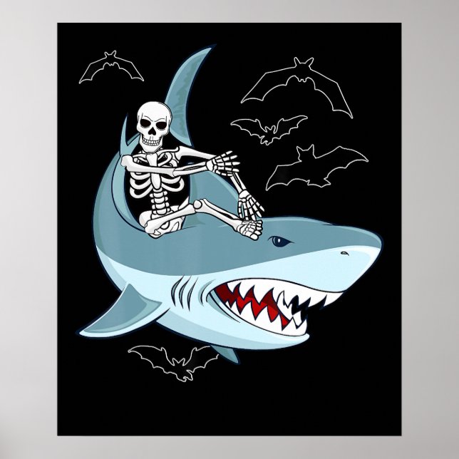 Skeleton Riding Shark Funny Halloween Gifts Poster (Front)