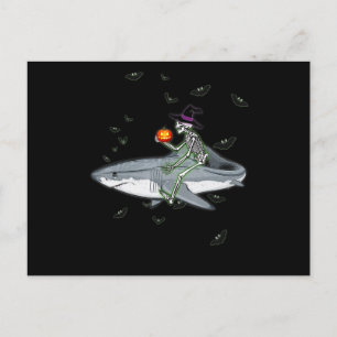 Skeleton Riding Shark - Funny Halloween Shark Gift Announcement Postcard