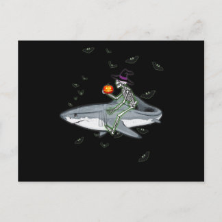 Skeleton Riding Shark - Funny Halloween Shark Gift Announcement Postcard