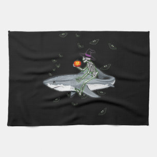 Skeleton Riding Shark - Funny Halloween Shark Gift Kitchen Towel