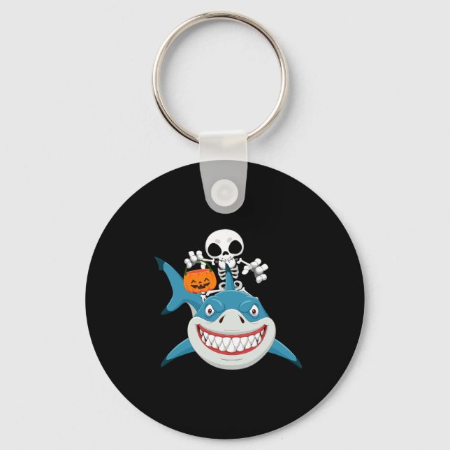 Skeleton Riding Shark Jack O'lantern Pumpkin Hallo Keychain (Front)