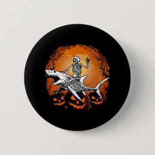 Skeleton Riding Shark Lazy Halloween Costume Funny Button