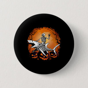 Skeleton Riding Shark Lazy Halloween Costume Funny Button