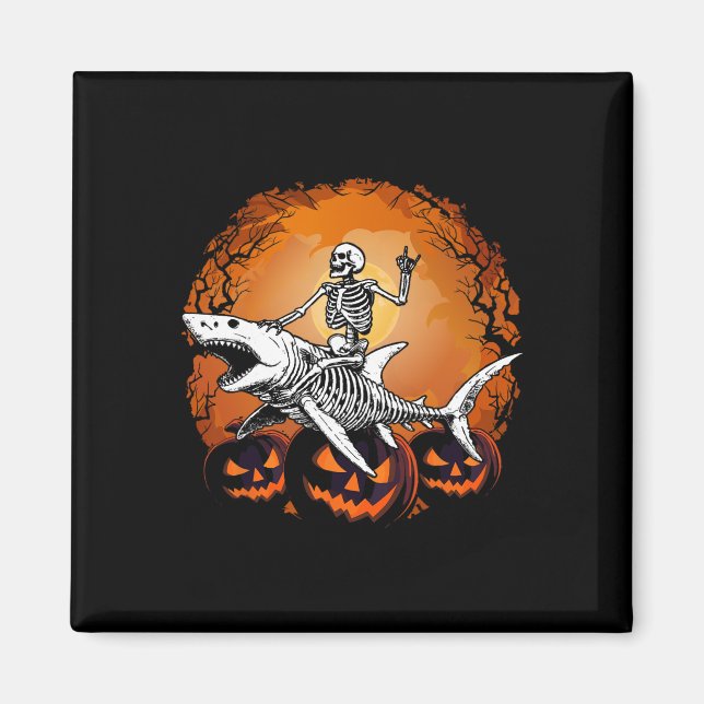 Skeleton Riding Shark Lazy Halloween Costume Funny Magnet (Front)