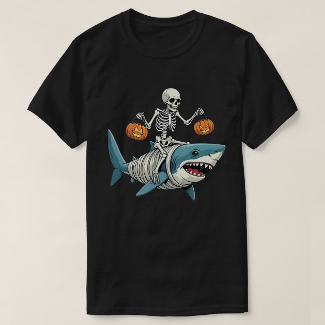 Skeleton Riding Shark Mummy Funny Halloween T-Shirt (Design Front)