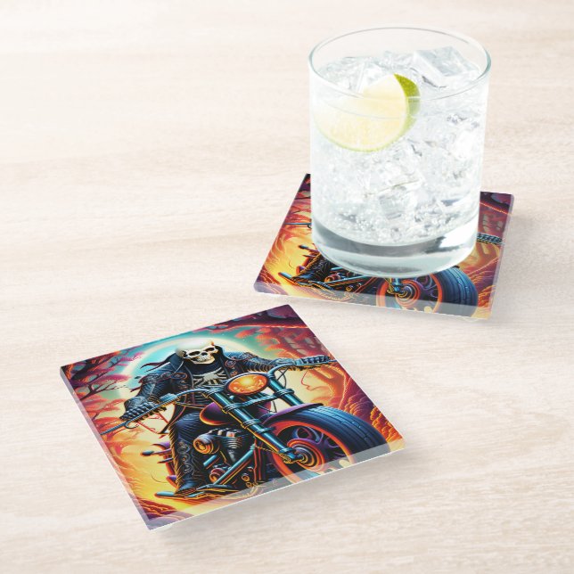 Skeleton Riding through the fire cave Glass Coaster (Angled)