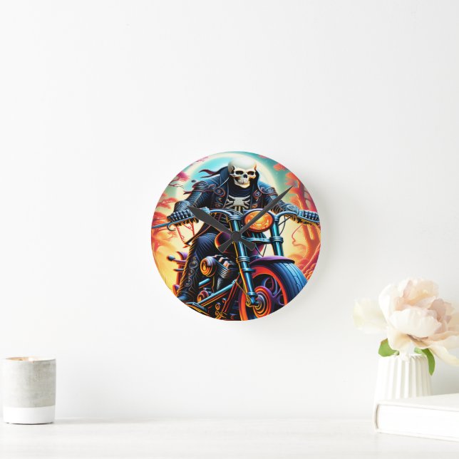 Skeleton Riding through the fire cave Round Clock (Home)