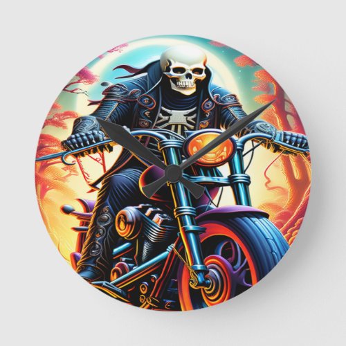 Skeleton Riding through the fire cave Round Clock