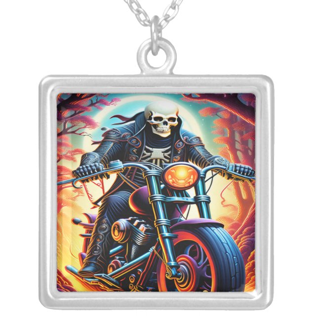 Skeleton Riding through the fire cave Silver Plated Necklace (Front)