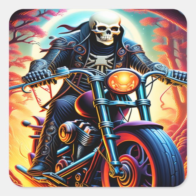 Skeleton Riding through the fire cave Square Sticker (Front)