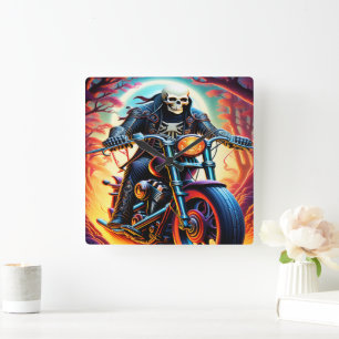 Skeleton Riding through the fire cave Square Wall Clock