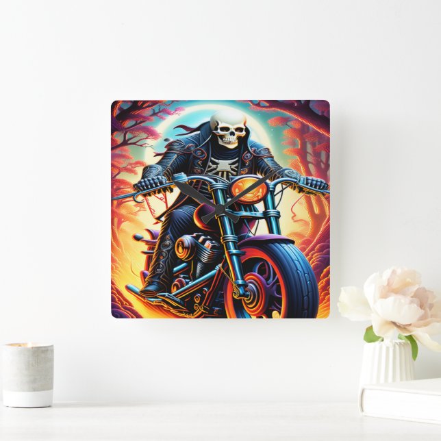 Skeleton Riding through the fire cave Square Wall Clock (Home)