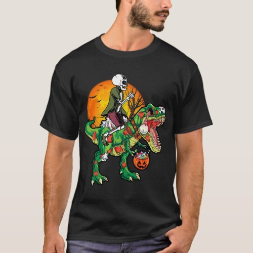 Skeleton Riding Zombie Dinosaur TRex Scary Hallowe T_Shirt
