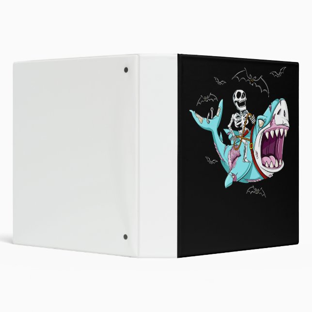 Skeleton Riding Zombie Shark Funny Halloween Gift 3 Ring Binder (Background)
