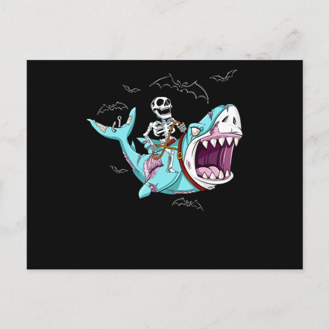 Skeleton Riding Zombie Shark Funny Halloween Gift Announcement Postcard (Front)