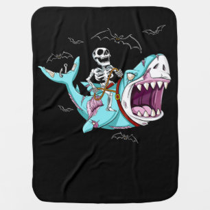 Skeleton Riding Zombie Shark Funny Halloween Gift Baby Blanket